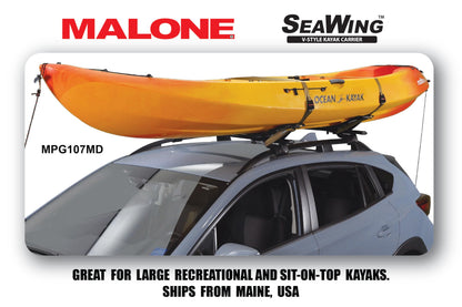 Malone SeaWing Saddle Style Universal Car Roof Rack Kayak Carrier with Bow & Stern Tie-Downs – 70 lb Capacity, V-Style Cradles, No-Tool Install, Jawz Mount, Corrosion-Resistant Nylon