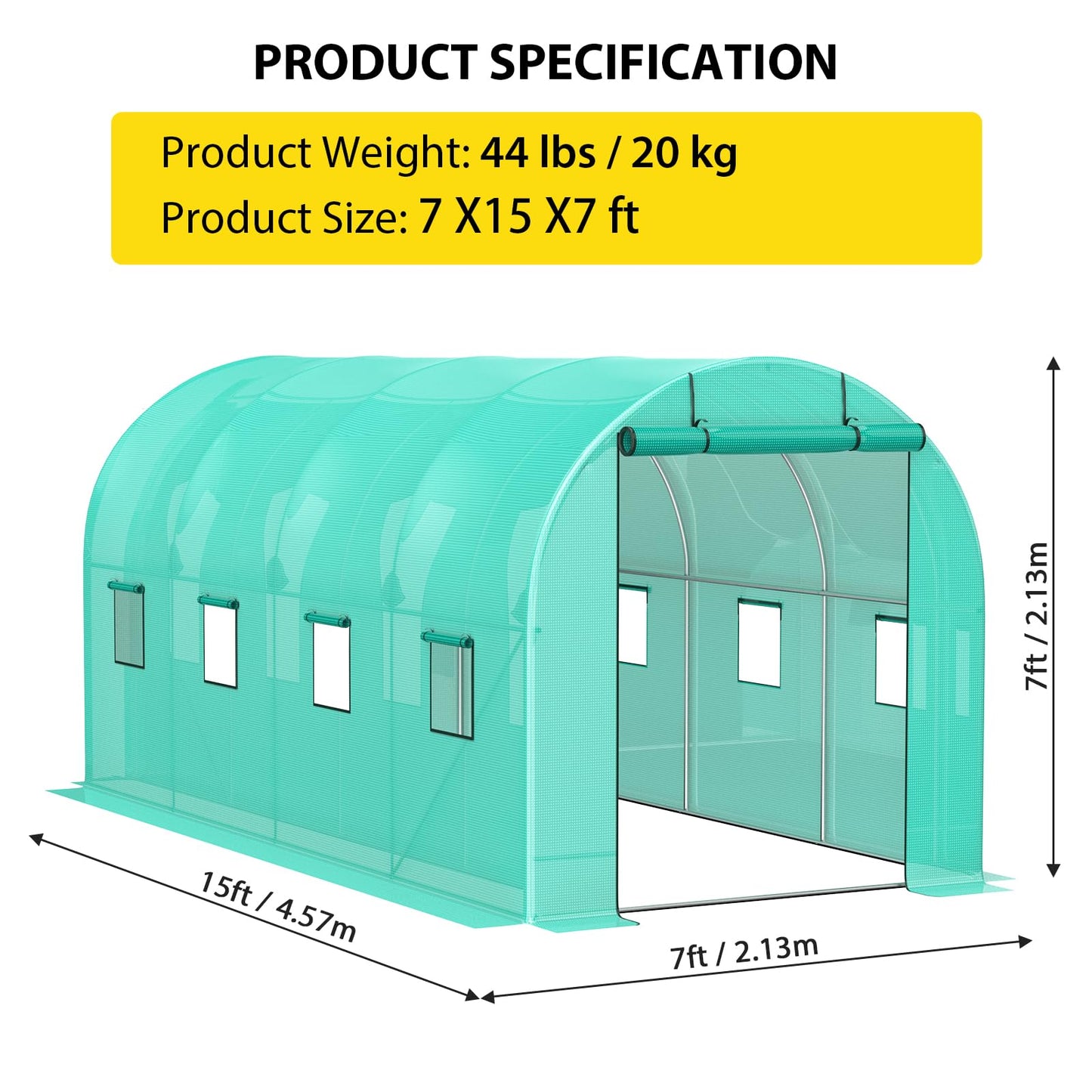 ChicCoutured 15x7x7 ft Walk-in Tunnel Greenhouse with Galvanized Steel Frame & 8 Mesh Windows, Weather-Resistant Outdoor Plant Hot House for Vegetables, Green PE Cover & 2 Roll-Up Zipper Doors