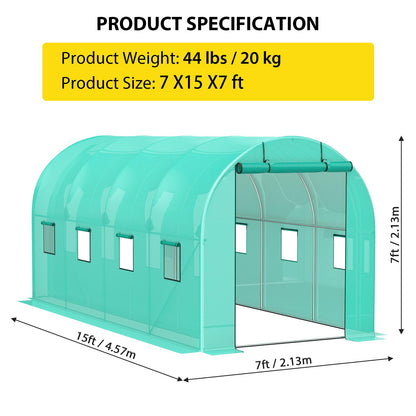 ChicCoutured 15x7x7 ft Walk-in Tunnel Greenhouse with Galvanized Steel Frame & 8 Mesh Windows, Weather-Resistant Outdoor Plant Hot House for Vegetables, Green PE Cover & 2 Roll-Up Zipper Doors