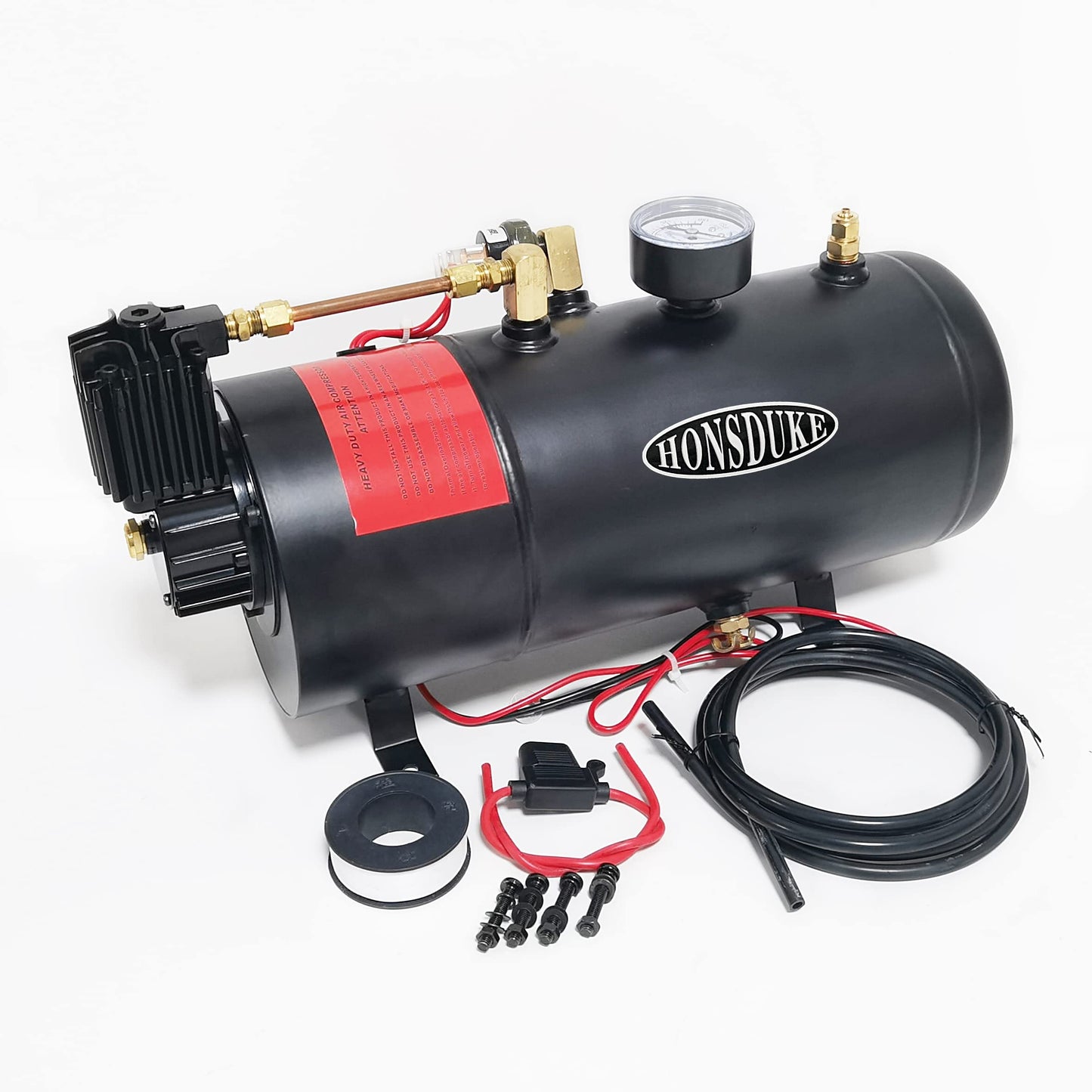 HONSDUKE 3 Liter Train Horn Kit for Trucks/Car/Semi. Complete Onboard System of 150psi Air Compressor, 1 Gallon Tank, 4 Trumpets. Super Loud dB. Fits All DC12V Vehicles Like Pickup/Jeep/RV/SUV