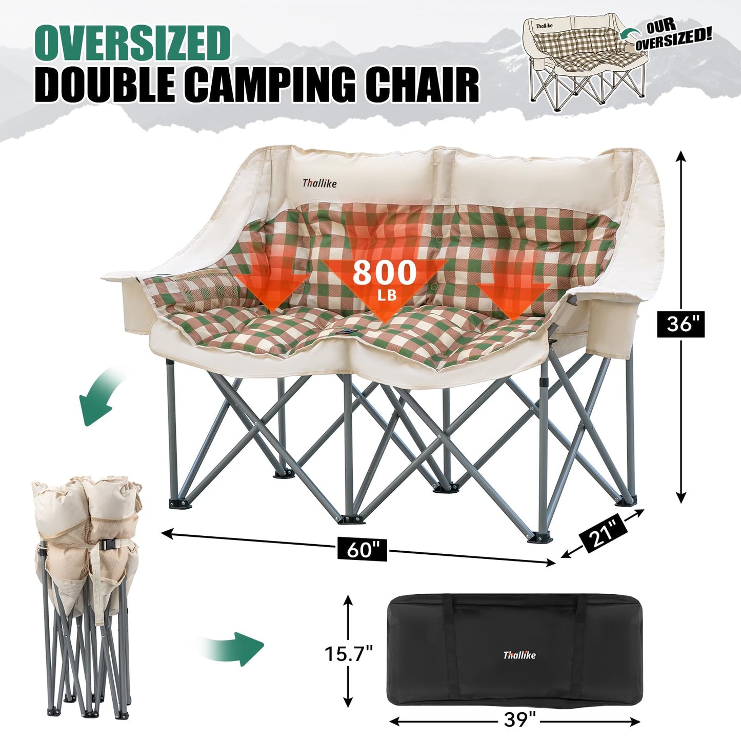Thallike Double Camping Chair, Oversized 2 Person Camp Chairs with Cup Holders Side & Backrest Mesh Pockets Padded Loveseat Camping Chair Foldable for Outdoor Lawn Backyard Beach Support 800LB