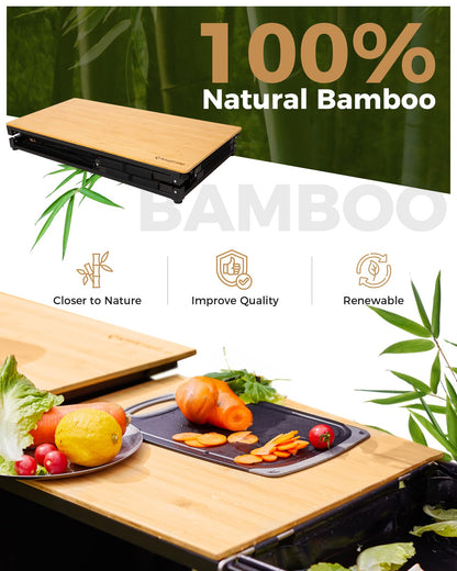 KingCamp Bamboo Camp Kitchen Table, Slide-Out Overland Table with 400L Storage, Portable Outdoor Prep Station with Sink, Windscreen & Lantern Pole for RV, Tailgating, BBQ