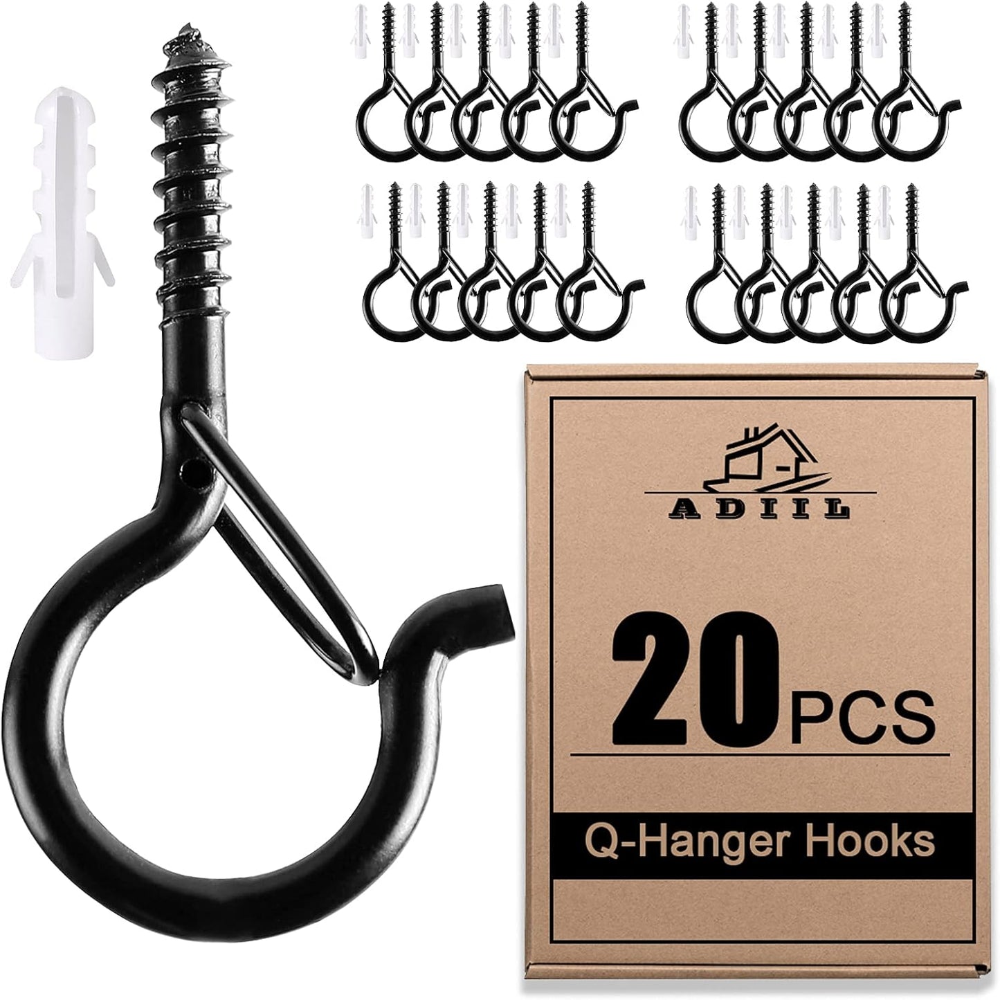 ADIIL Q Hanger Hooks - 20 PCS Windproof Screw Hooks for Outdoor String Lights & Plants | 2.2 Inches, Black