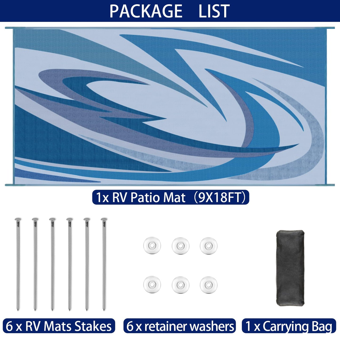 EEZ RV Products 9'x18' Heavy Duty Reversible/Durable Outdoor Patio/RV Mats Come with Large Storage Bag & 6 Sets of Stakes and Washer (Wave Blue)