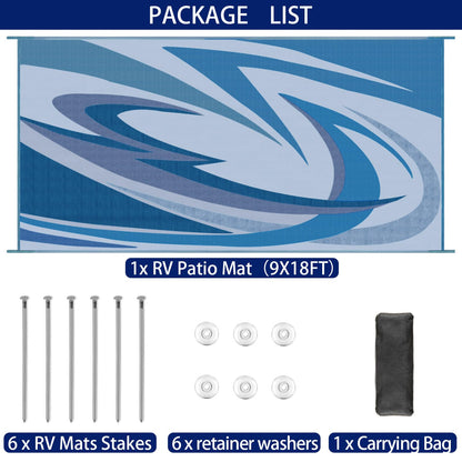 EEZ RV Products 9'x18' Heavy Duty Reversible/Durable Outdoor Patio/RV Mats Come with Large Storage Bag & 6 Sets of Stakes and Washer (Wave Blue)