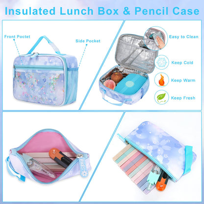 Youngsing Girls Backpack Set 3 IN 1,Cute Rainbow Kids Backpack with Insulated Lunch Box Pen Case Set Student School Bag(Pink-3 pieces set)