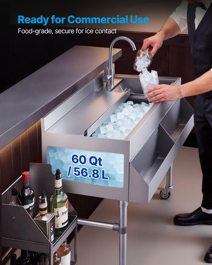 VEVOR Commercial Ice Bin with Sink & Faucet, 60 Qt Max Capacity, 24 x 19 x 35 Inch Stainless Steel Ice Chest with Sliding Lid and Bottle Holders, Cooler Cart Cocktail Unit for Bar Restaurant Pub