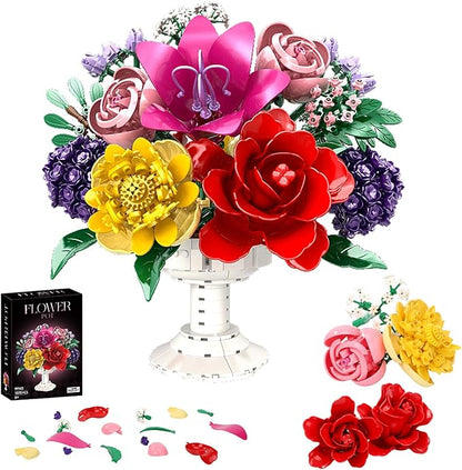 1070Pcs Flower Bouquet Building Set Artificial Fake Flowers Bridal Wedding Building Blocks Botanical Collection DIY Craft for Adults &amp Kids Girlfriend Wife Valentine’s Day Birthday Home Table D