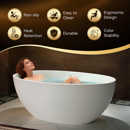 WOODBRIDGE 55 Stone Resin Freestanding Soaking Tub, Modern Oval Solid Surface Bathtub with Integrated Slotted Overflow & Drain, Matte White, B0043