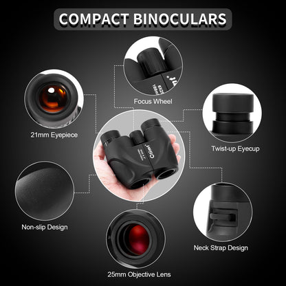 6x25 Compact Binoculars, Mini Pocket Small Portable Size 9.5° Wide Angle Field of View 21mm Large Eyepiece ED Glasses Bak-4 Prism Professional HD for Adults Travel Sports Cruise Birding Opera