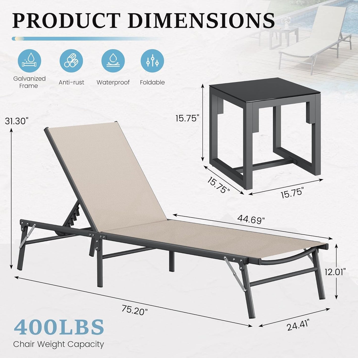 UDPATIO 3pcs Patio Lounge Chair Sets with Side Table Foldable Outdoor Chaise Lounge No Assembly