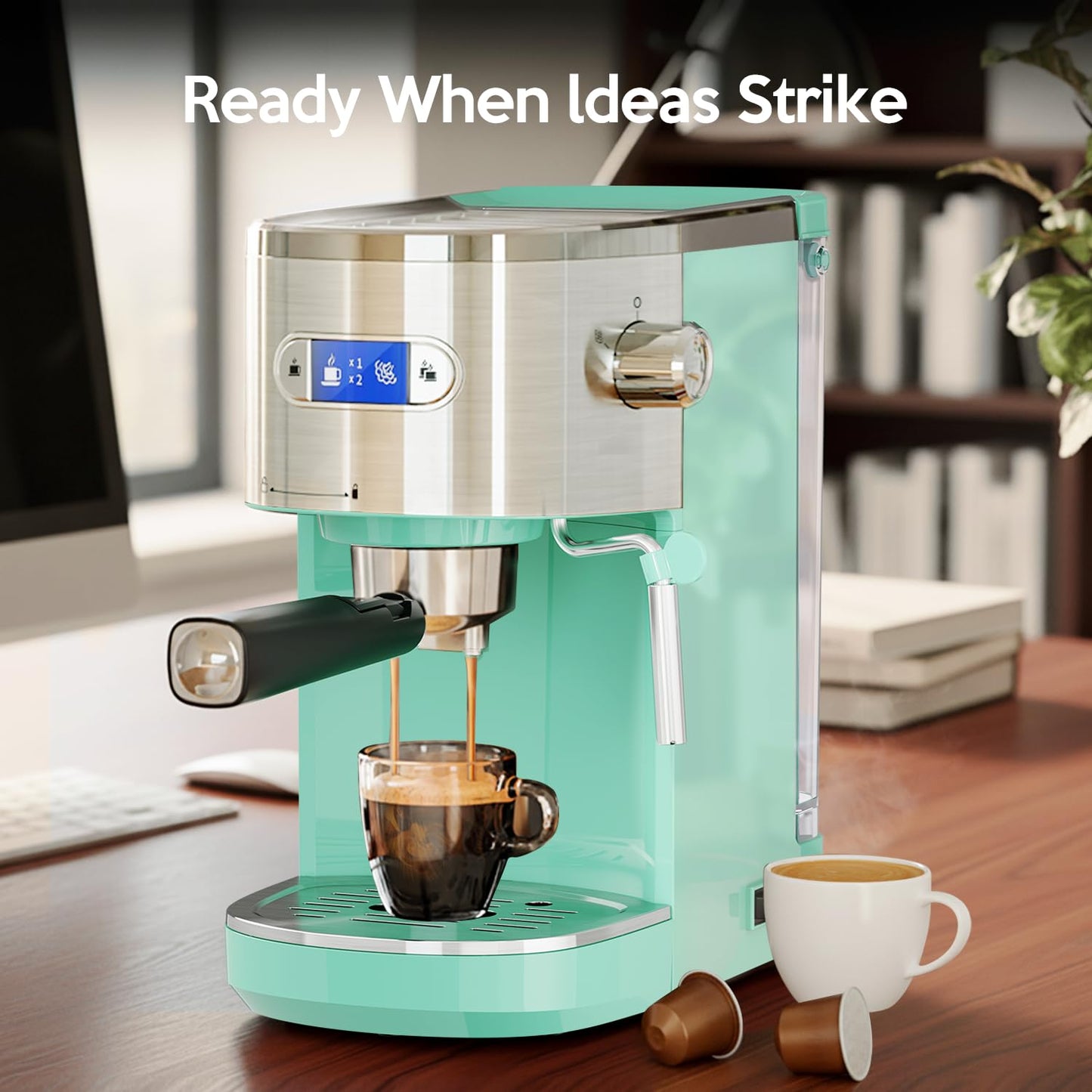20 Bar Espresso Machine Semi-Automatic, Professional Coffee Maker with Milk Frother Steam Wand & 45OZ Removable Water Tank, Home Barista System for Cappuccino, Latte, Americano-Stainless Steel-Green