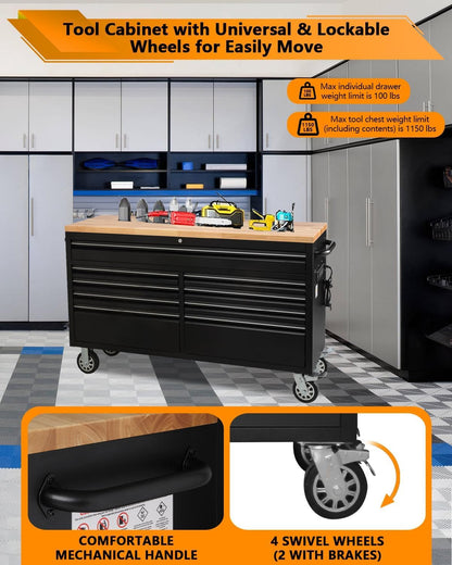MERXENG 61 Inch Tool Chest, Tool Box Mobile Workbench, 9 Drawers Storage Lockable Rolling Metal Storage Cabinet with 4 Wheels for Garage Workshops Warehouse, Black