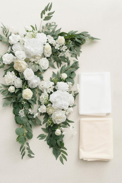 Ling's moment Artificial Wedding Arch Flowers Kit Pack of 4, 2pcs Hanging Silk Flowers Arrangement 2pcs Chiffon Drapes Ceremony Spring Fake Rose Arbor Backdrop White Sage Floral Party Outdoor Decor