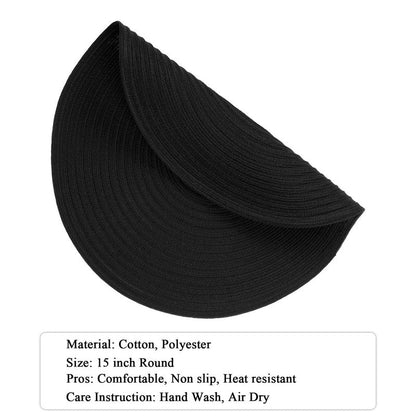 SHACOS Round Braided Placemats Set of 8 Washable Cotton Polyester Woven Round Table Mats for Dining Tables 15 inch (Black, 8)