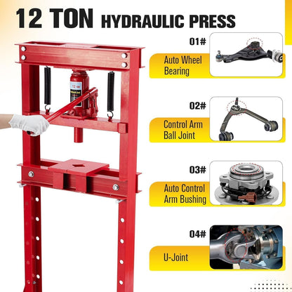 12 Ton Hydraulic Press with Adjustable Table, Heavy Duty H-Frame Hydraulic Shop Press with Movable Plates, Ideal for Auto Repair, Metal Bending, Garage Use, Red