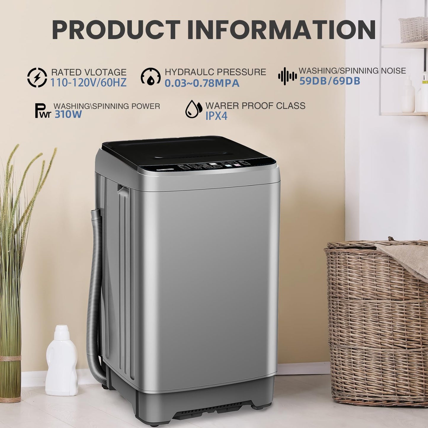 BINMIT 15.6lbs Full-Automatic Washing Machine, Portable Compact Laundry Washer with Drain Pump, 10 Programs 8 Water Levels with LED Display for RV, Camping, Apartment, Dorm, Dark-Grey
