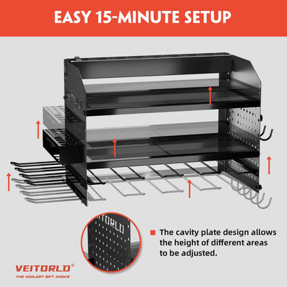 Power Tool Organizer with Charging Station, Heavy Duty Modular Wall Mount Rack for Garage & Shed Organization, 4 Drill Holders, Fathers Day Anniversary Birthday Gifts for Men Dad Him Husband(Black)