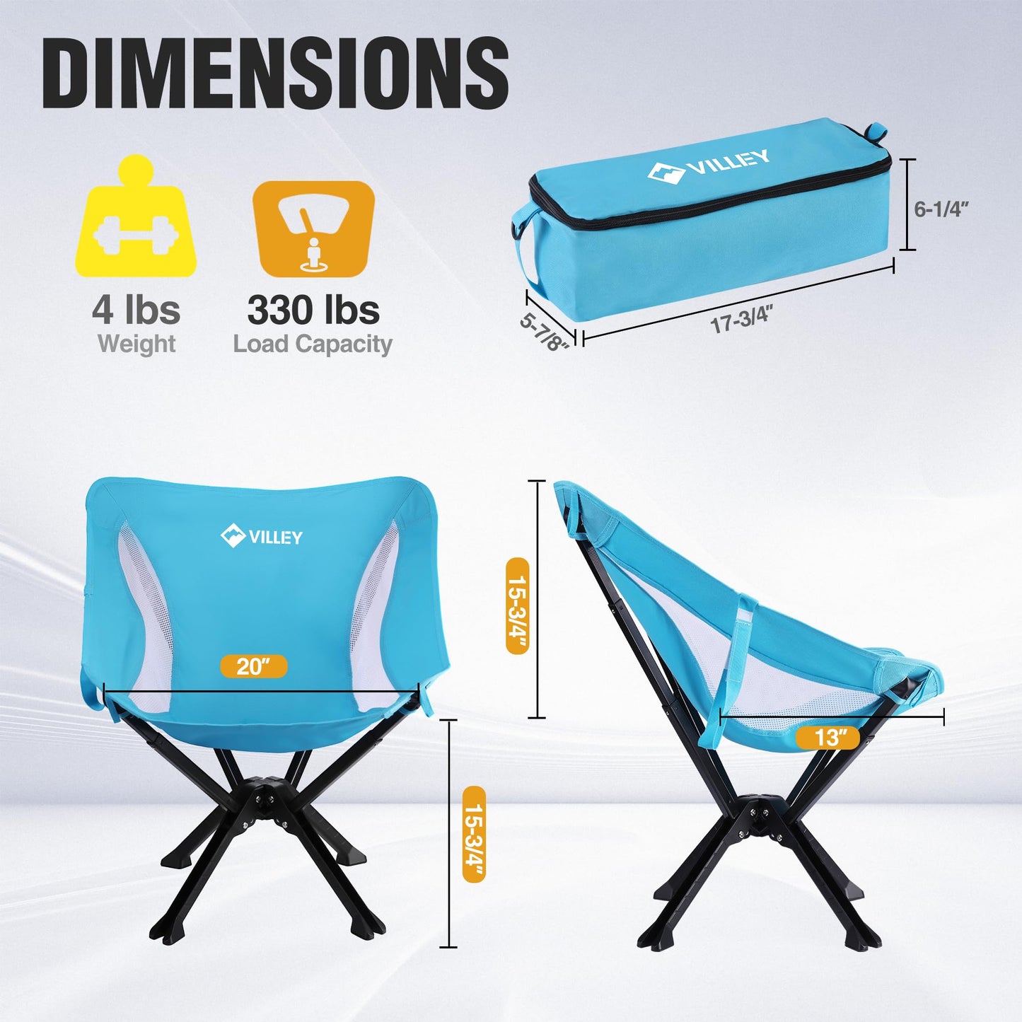 VILLEY Portable Folding Chair Lightweight Camping Chair No Assembly Needed, Quick Setup for Beach, Hiking, Supports 330 LBS, Blue, 2 Pack