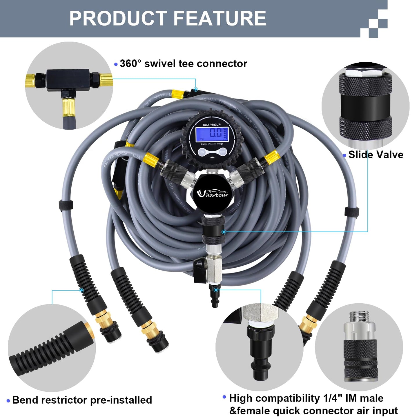 Uharbour 4 Tire Inflation Deflation System, 4 Tire Air Up Down System, 4 Tire Pressure Equalizer, Inflate or Deflate All 4 Tires at Once, Flexible Air Hose Fits Up to 155" Wheelbase.