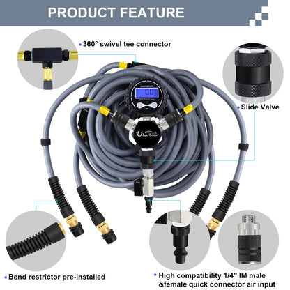 Uharbour 4 Tire Inflation Deflation System, 4 Tire Air Up Down System, 4 Tire Pressure Equalizer, Inflate or Deflate All 4 Tires at Once, Flexible Air Hose Fits Up to 155" Wheelbase.