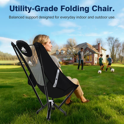 MTRVR Utility-Grade High-Back Folding Chair — Stable One-Piece Structure, Extended Back Support for Longer Sitting, Reinforced Aluminum Frame, Portable Chair for Camping, RV & Outdoor Use