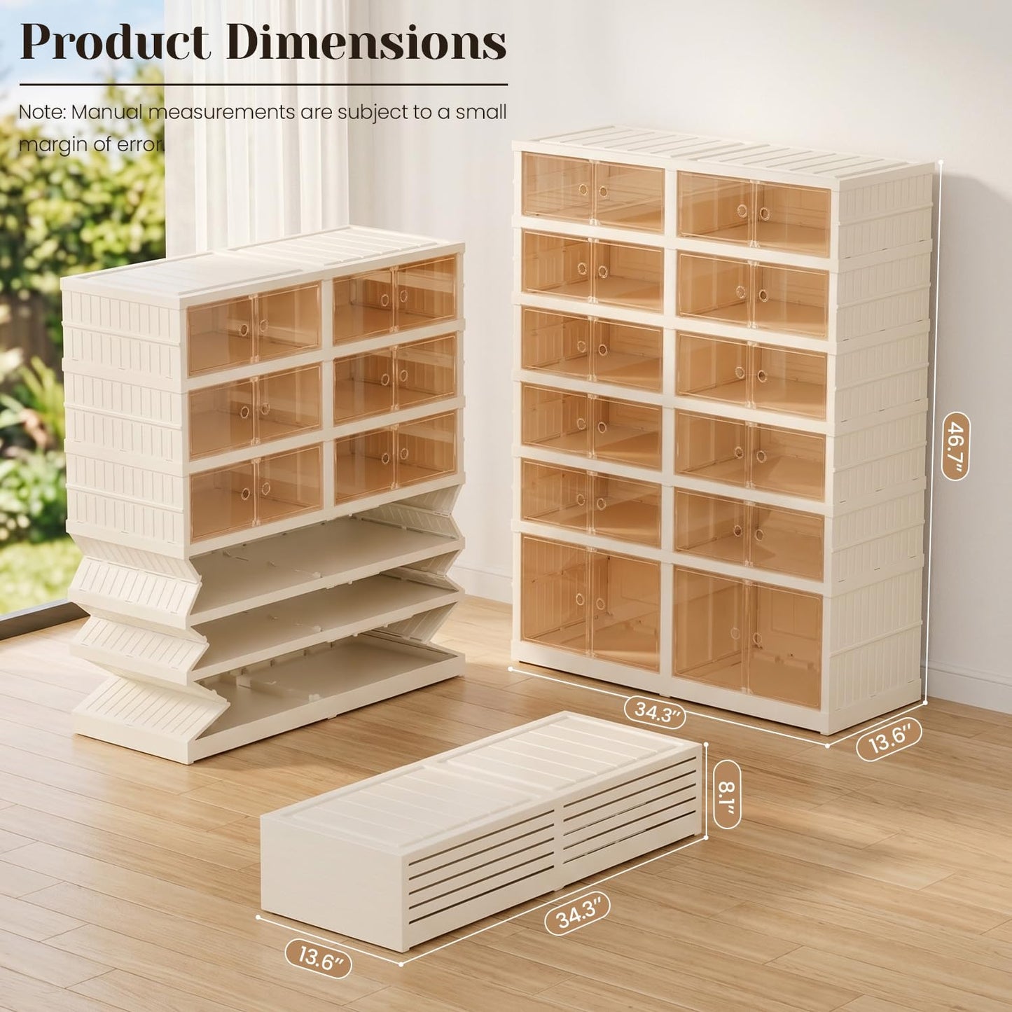 Tykacna Collapsible Shoe Rack Organizer, Extra Large Shoe Boxes with Doors, Stackable Plastic Storage Cases for Closet and Entryway, Clear Folding Shoe Cabinet with Wheels (6Tiers, 24Pairs)