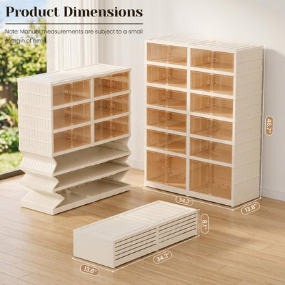 Tykacna Collapsible Shoe Rack Organizer, Extra Large Shoe Boxes with Doors, Stackable Plastic Storage Cases for Closet and Entryway, Clear Folding Shoe Cabinet with Wheels (6Tiers, 24Pairs)