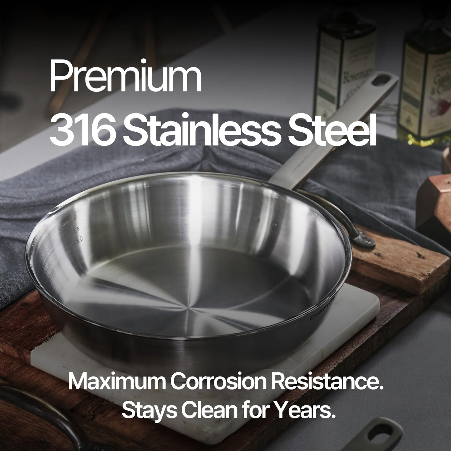 CHEFWIN 10.2-Inch 316 Stainless Steel Frying Pan, 5-Ply Saute pan, Deep Skillet, Induction Cookware, Dishwasher Safe & Oven Safe, Professional Cookware
