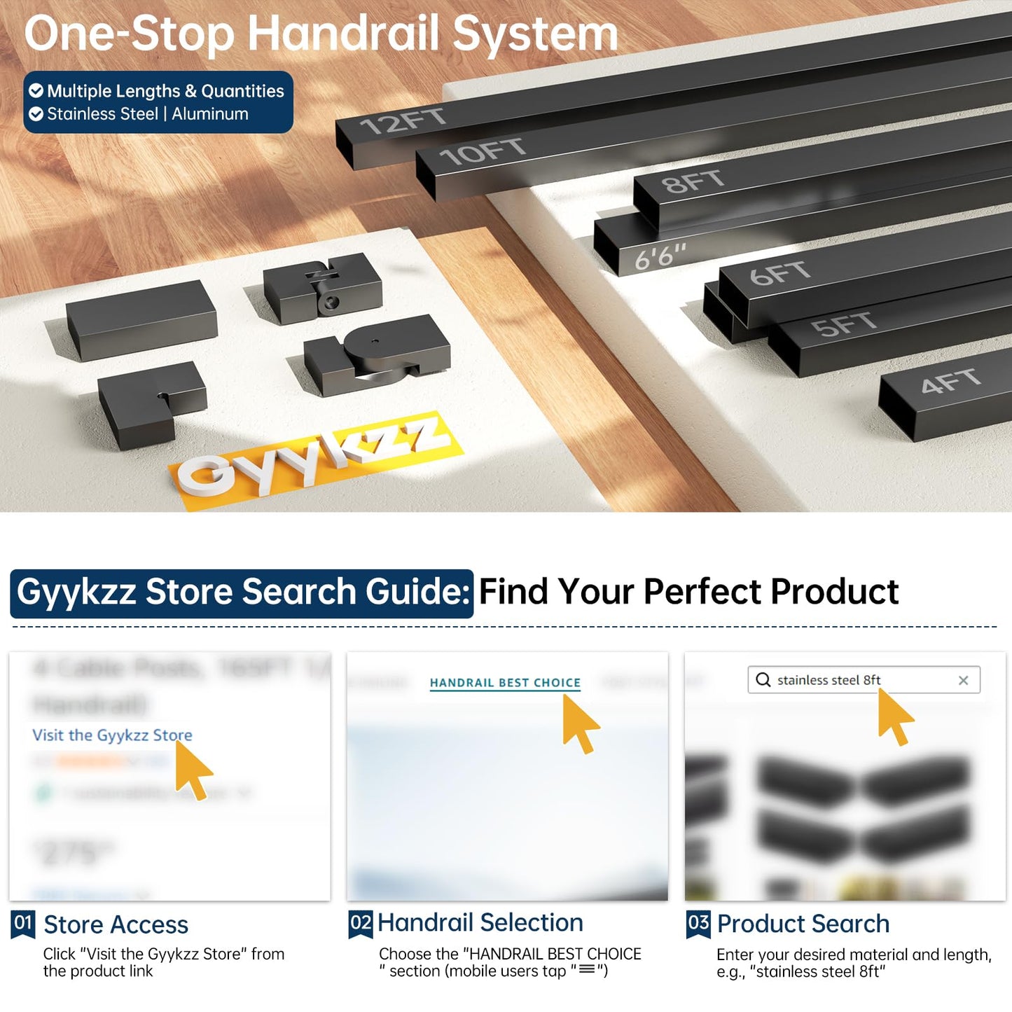 Gyykzz 8FT Stainless Steel 304 Handrail Black 3Pack, Rectangular Handrail Flat Top Rail with SS304 End Cap and POM Connecting Blocks for Indoor Outdoor Deck Stair Cable Railing System DIY Balustrade