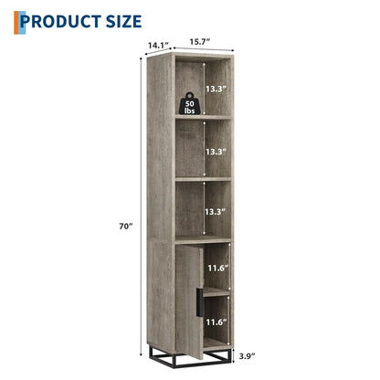 GarveeHome Narrow Bathroom Cabinet, 70" Tall Storage Cabinet with Metal Frame Base and Adjustable Shelf, Open Storage Freestanding for Laundry Room, Living Room, Small Space, Grey