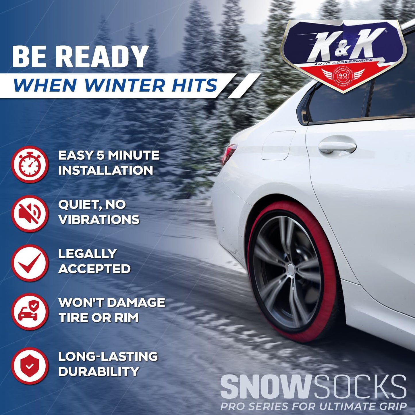 K&K Auto Snow Socks for Tires – Pro Series for Ultimate Grip Approved Snow Chain Alternative Traction Device – Tire Sock for Pickup Truck SUV Van – Winter Travel Accessory Emergency Kit – 3XL (2pcs)