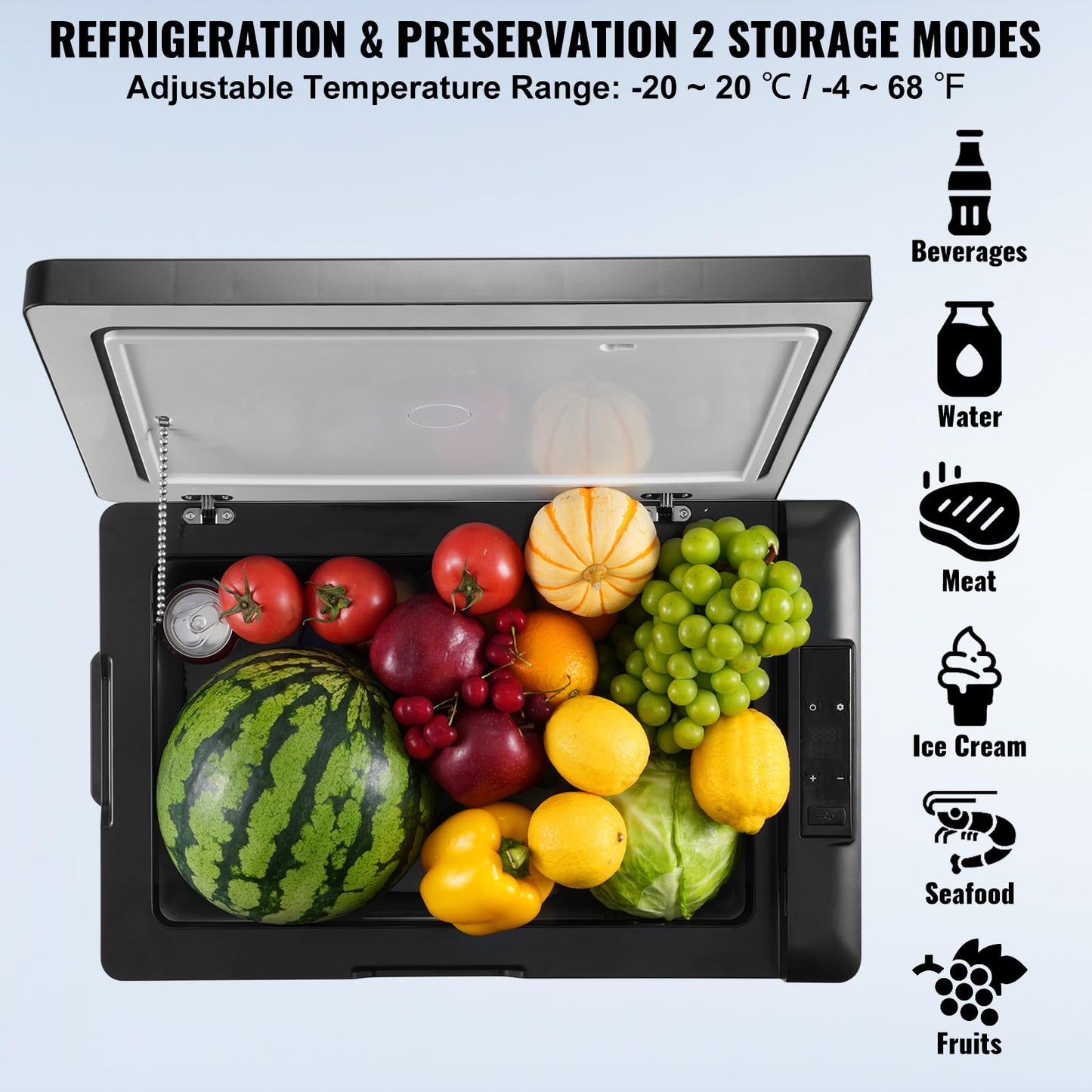 VEVOR 12 Volt Car Refrigerator Fridge, 70Liter(74qt) Single Zone Portable Freezer, -4℉-68℉ Adjustable Range, 12/24V DC and 100-240V AC Compressor Cooler for Outdoor, Camping, RV, Silver
