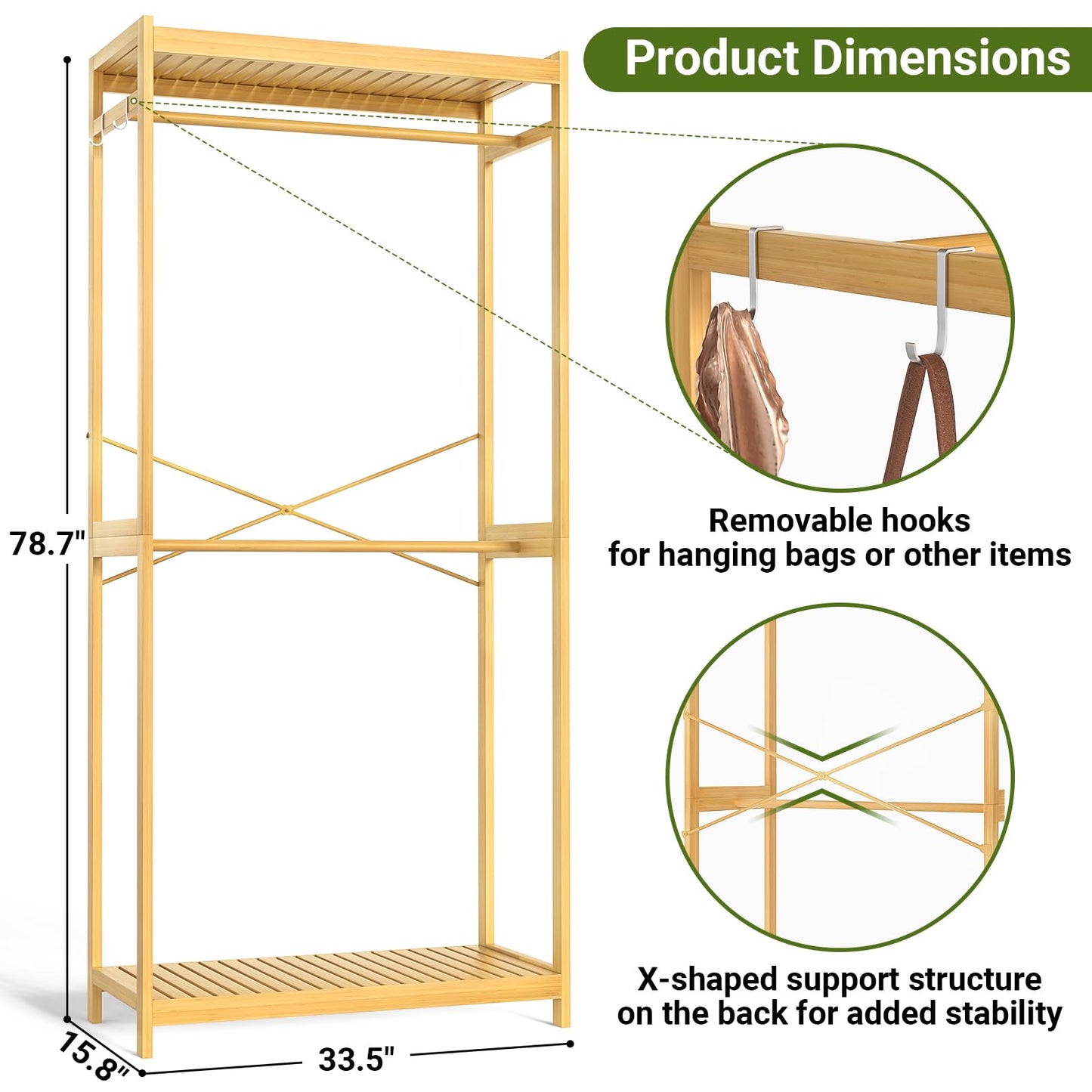 Homykic Bamboo Clothes Rack with Shelves and Double Hang Rods, Portable Closet System Garment Rack for Hanging Clothes, Tall Clothing Rack Corner Closet Organizer, Easy to Built, Natural