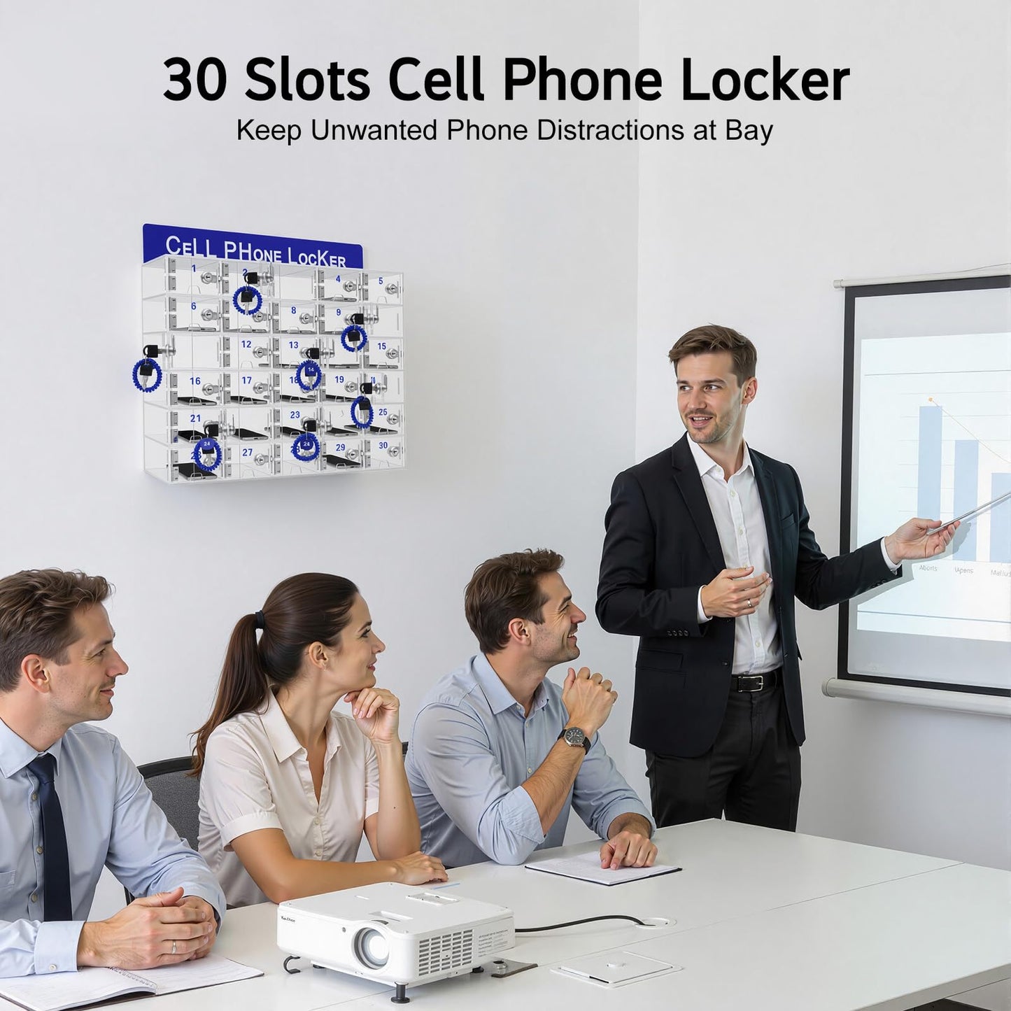 Lemoeyes Acrylic Cell Phone Locker Box, 30 Slots Clear Cell Phones Storage Cabinet with Door Lock Keys and Charging Slot, Tabletop/Wall-Mounted Pocket Locker for Office Classroom Conference Room