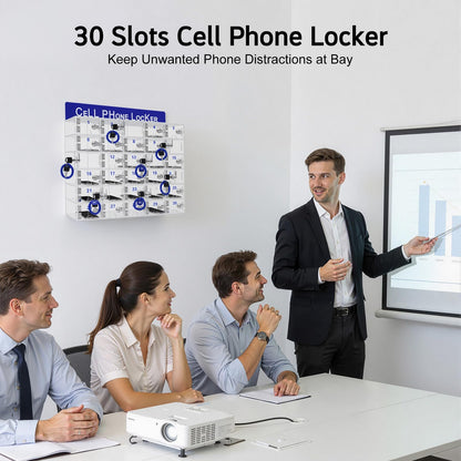 Lemoeyes Acrylic Cell Phone Locker Box, 30 Slots Clear Cell Phones Storage Cabinet with Door Lock Keys and Charging Slot, Tabletop/Wall-Mounted Pocket Locker for Office Classroom Conference Room