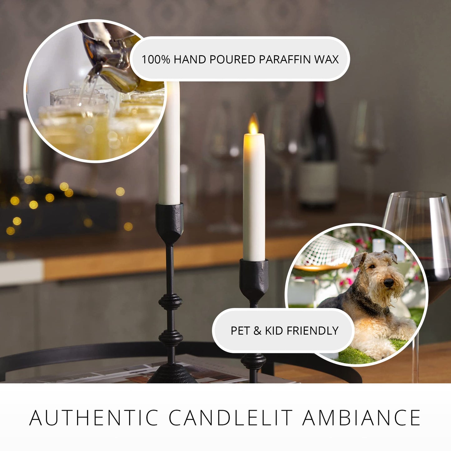 Luminara Flameless Battery Operated White Tapers, Pack of 2 0.87" x 6.75" Candles, Realistic LED Flickering Flame Safe for Home Kids & Pets