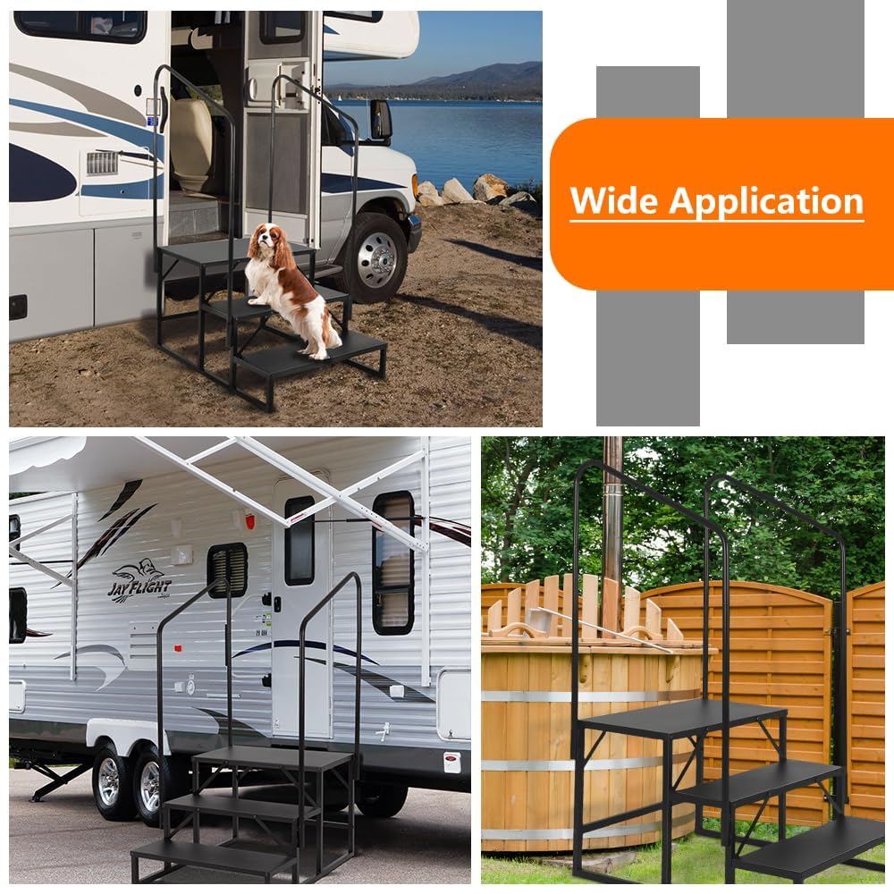 LUCKUP 3 Step RV Stairs with Handrails- Non Slip Hot Tub Steps Portable Mobile Home Stairs for RV, Travel Trailer, Camper Outdoor (Black)