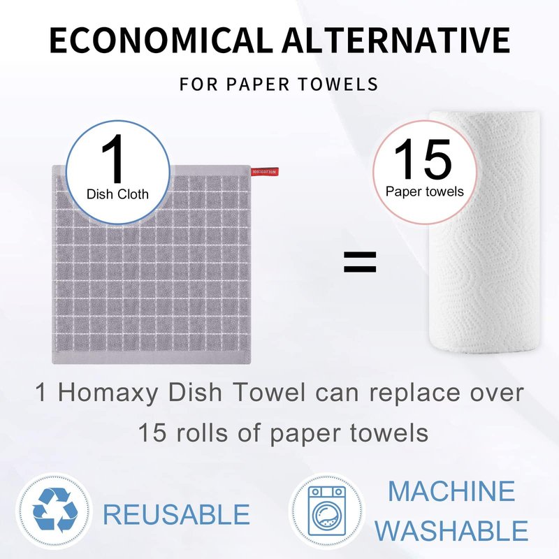 Homaxy 100% Cotton Terry Kitchen Dish Cloths, Ultra Soft and Absorbent Dish Towels for Kitchen, Suitable for Drying and Washing Dishes, 12 Pack, 12 x 12 Inches, Light Grey