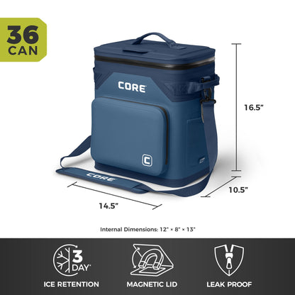 CORE Magnetic Leak Proof 36 Can Soft Cooler with Waterproof Zipper | Insulated Bag Portable Ice Chest Box | Best Soft Cooler for Food & Beverages for Tailgating, Car Camping, and Family Beach Picnics