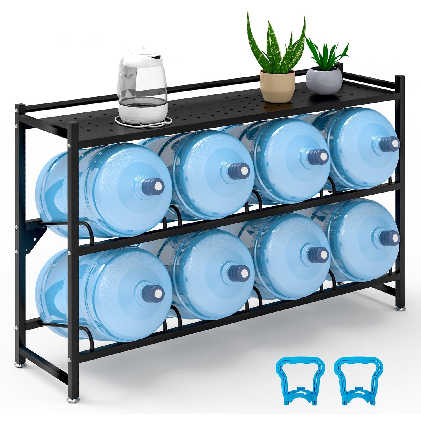 Eastrexon 5 Gallon Water Jug Holder Heavy Duty，3-Tier Water Jug Rack w/Top Shelf, Wall Mount Water Bottle Holder for 8 Bottles, Powder Coated Water Rack Stand for Home, Office, Restaurant, Gym.