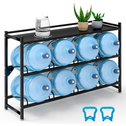 Eastrexon 5 Gallon Water Jug Holder Heavy Duty，3-Tier Water Jug Rack w/Top Shelf, Wall Mount Water Bottle Holder for 8 Bottles, Powder Coated Water Rack Stand for Home, Office, Restaurant, Gym.