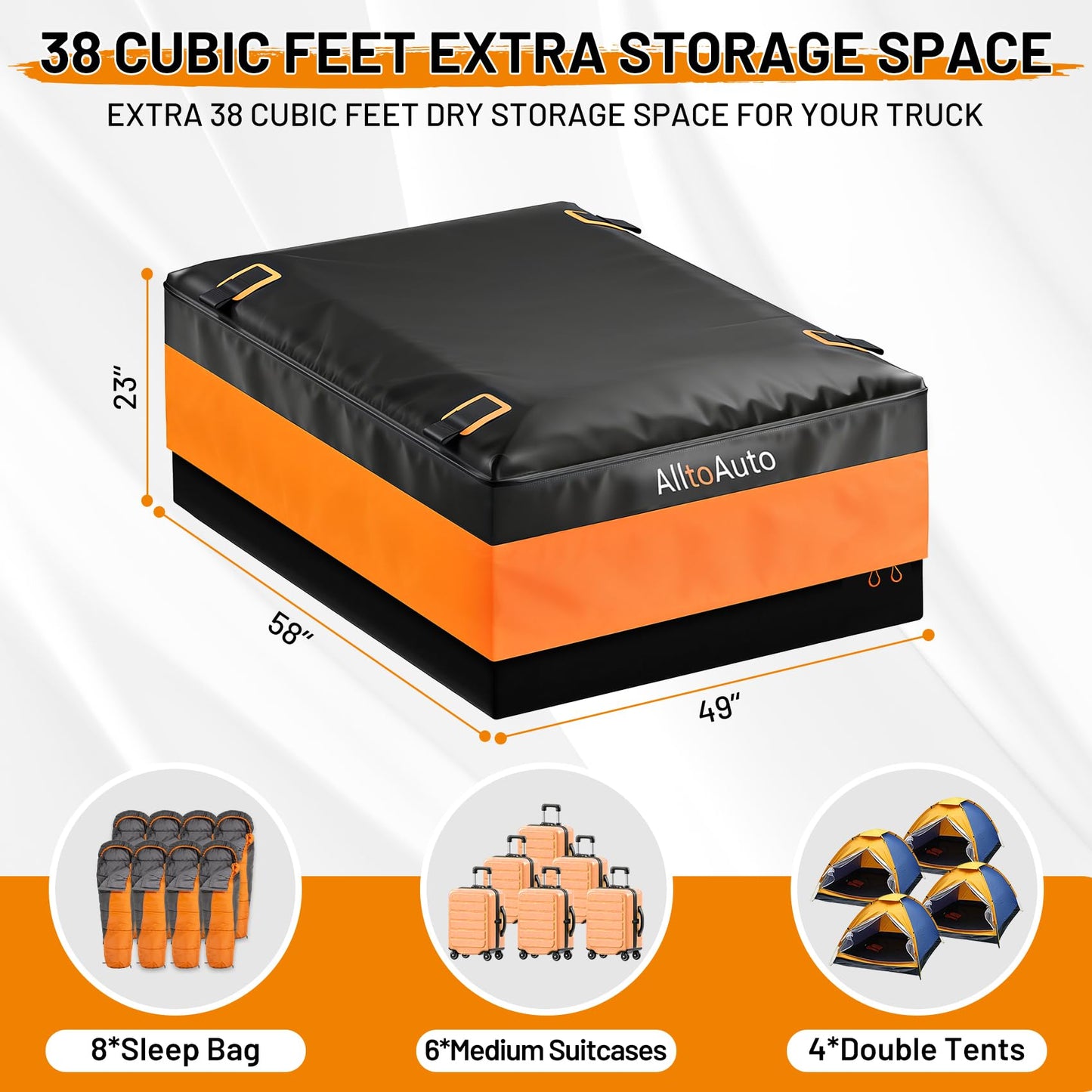 [Jumbo 38 CuFt] Truck Bed Cargo Bag, 100% Waterproof Heavy Duty Pickup Storage Bag (58"x49"x23"), Heat-Welded Seams & 3-Side Zipper, Fits Full-Size Trucks for Moving & Camping