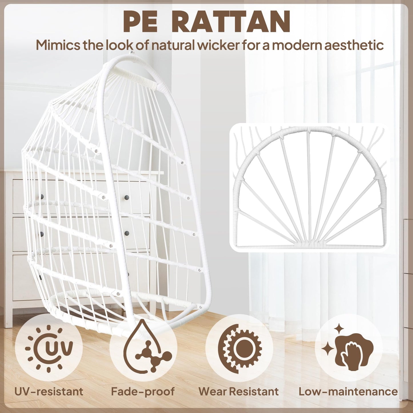 Chihee Egg Chair Foldable Wicker Rattan Hanging Swing Chairs Indoor Outdoor Patio Wicker Chair Hammock Chair with Stainless Steel Hanging Kit Chain Link UV Resistant Cushion Bedroom Balcony