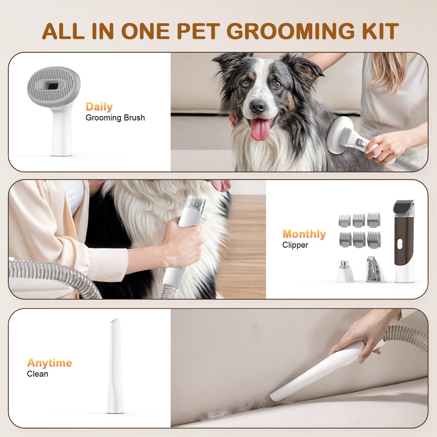 Ozumek Dog Grooming Vacuum, Dog Grooming Kit with Pet Clipper Nail Grinder, 6 Pet Grooming Tools（Mahogany）