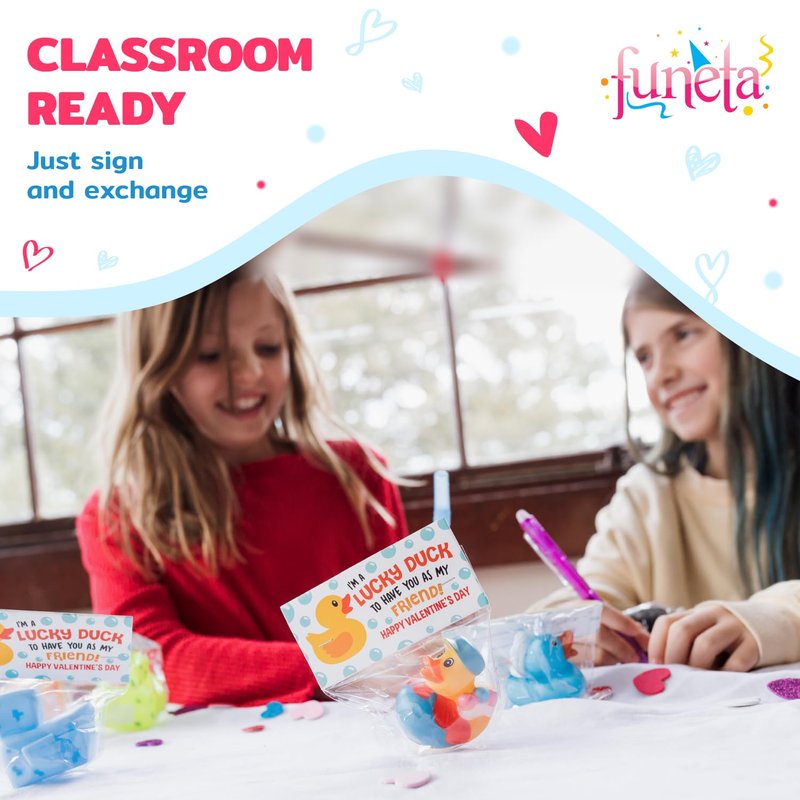Funeta 30 Exchange-Ready Rubber Ducks and Valentine's Day Cards for Kids' School Classroom - Gifts for Kids Class Exchange - Carded Classroom Valentine Party Favors