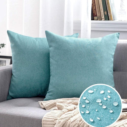 MIULEE Decorative Outdoor Throw Pillow Covers - Waterproof Faux Linen Cushion Cases | 16x16 Inch Turquoise, Set of 2