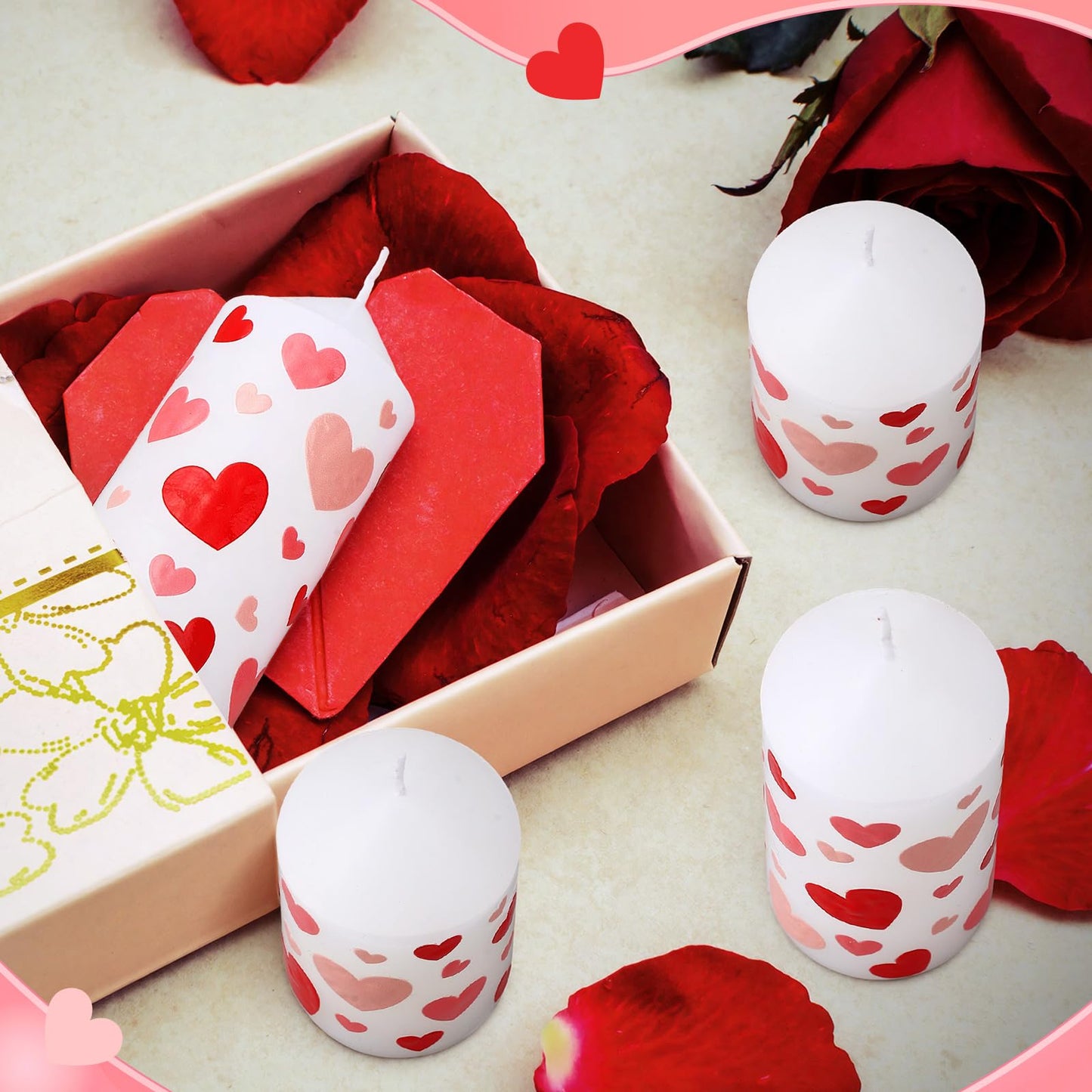 Lyrow 4 Pcs Pillar Candle 2 x 4‘', 2 x 3'' White Unscented Patterns Candlestick Smokeless Burning Candles for Valentine Wedding Anniversary Birthday Home Decor (Valentine's Day Heart)