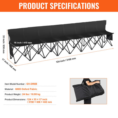 VEVOR Portable Folding Bench, 8 Seats Foldable Sideline Bench, Outdoor Camping Bench Chair with Carry Bag & Backrest, Team Sport Sideline Bench for Football Fishing, No Assembly Instant Seating, Black