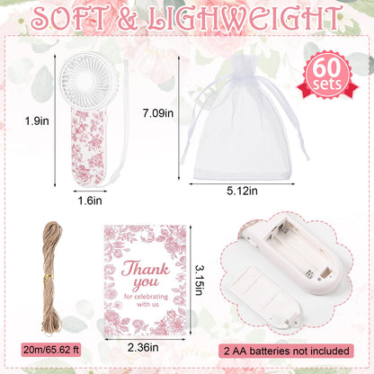 60 Set Portable Wedding Fans Bulk for Guests Mini Handheld Chinoiserie Floral Fan with Lanyard and Thank You Gifts Cards Battery Powered Fans Gift for Wedding Favors, Battery Not Include(Pink)